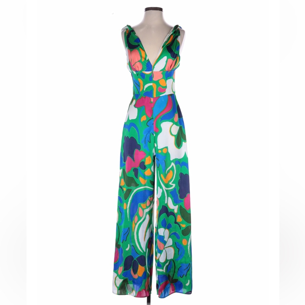 Zara Wide-Leg Green & Blue Tropical Floral Jumpsuit | Size Small | New With Tags
